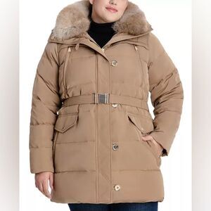 MICHAEL Michael Kors Womens Faux-Fur-Collar Hooded Down Puffer Coat Dark Camel L